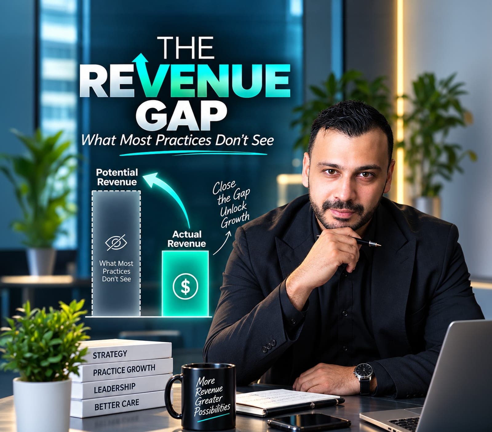 The Revenue Gap: What Most Practices Don't See, with Jeff Mustapha beside a potential versus actual revenue chart